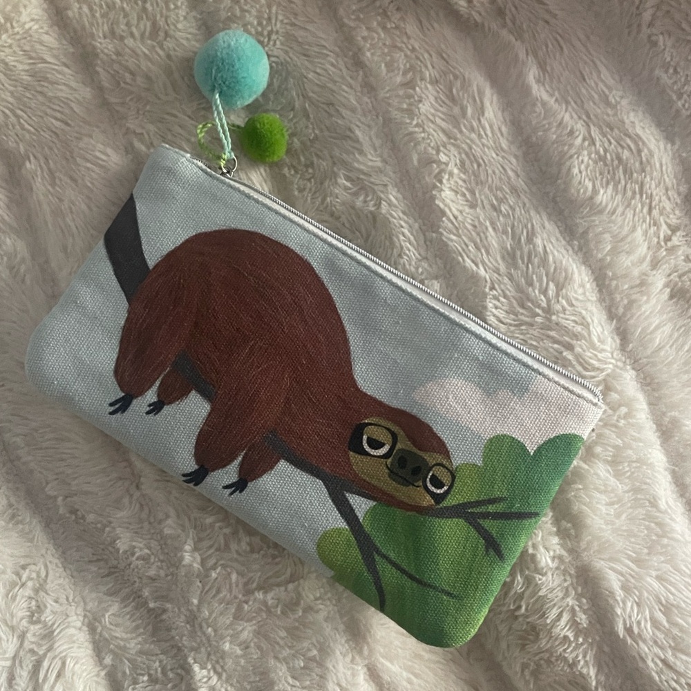Sloth Print Pouch with Pom Poms